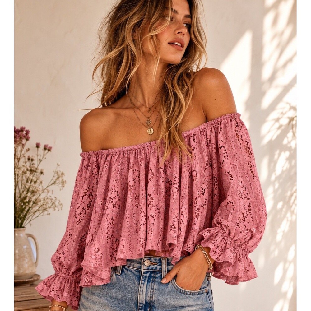 Free People Womens S Blush Pink Floral Lace Off Shoulder Boho Bell Sleeve Blouse